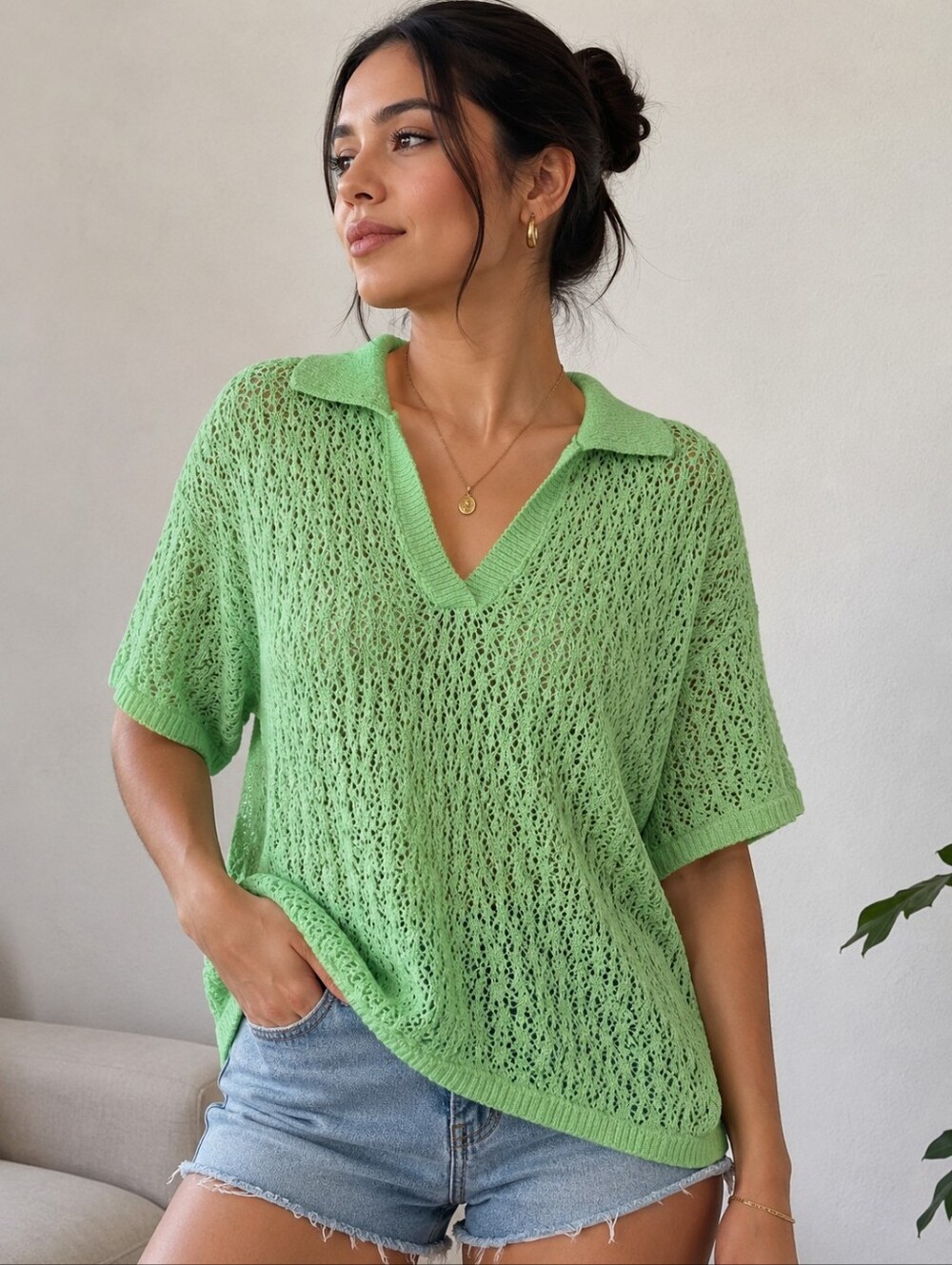 Zara Light Green Open-Knit Polo Swim Cover-Up